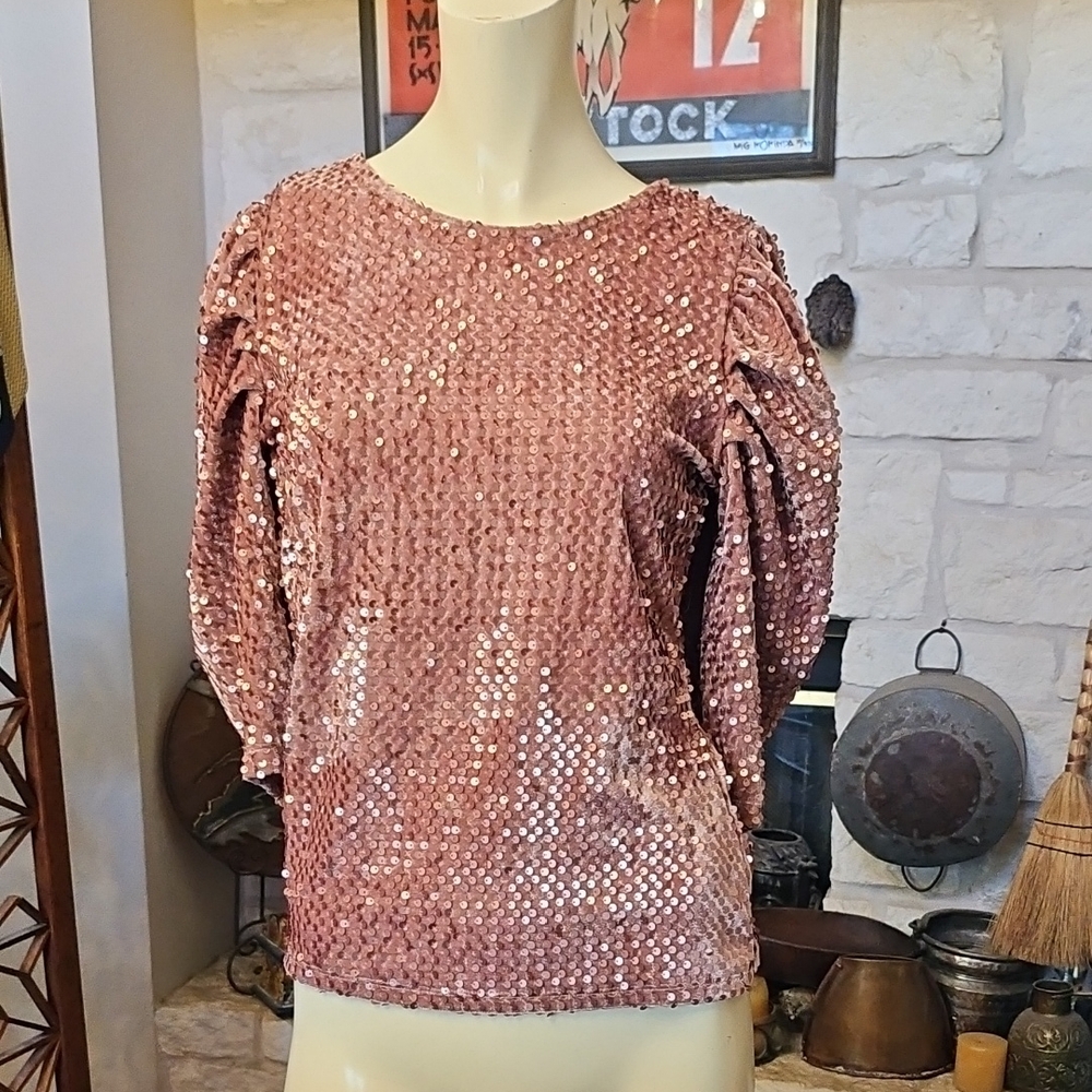 Savida Brand Rose Pink Poly Elastayne Blend Sequin Blouse Size Small